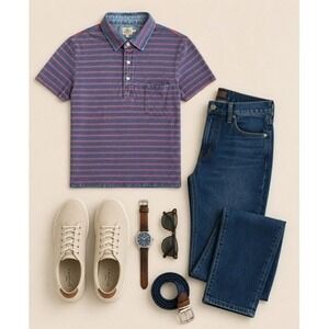 Faherty Brand Men's Blue Red Striped Short Sleeve Slub Polo Shirt Size Large